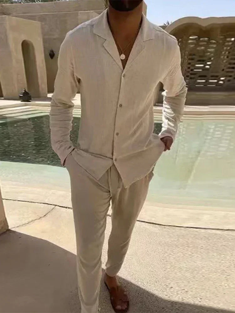 

DINADD Men's Tracksuit Fashion Solid 2024 Two Piece Slim Suit Autumn New Long Sleeve Button Shirts Top&Drawstring Pants Set