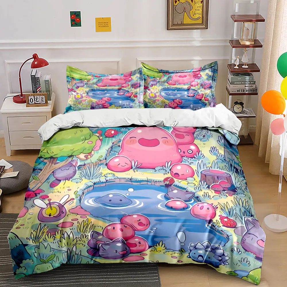 Cute Creatures Playing by Forest Pond Print Bedding Set 1 Duvet Cover 2 Pillowcases for Adult and Children Luxury Gift