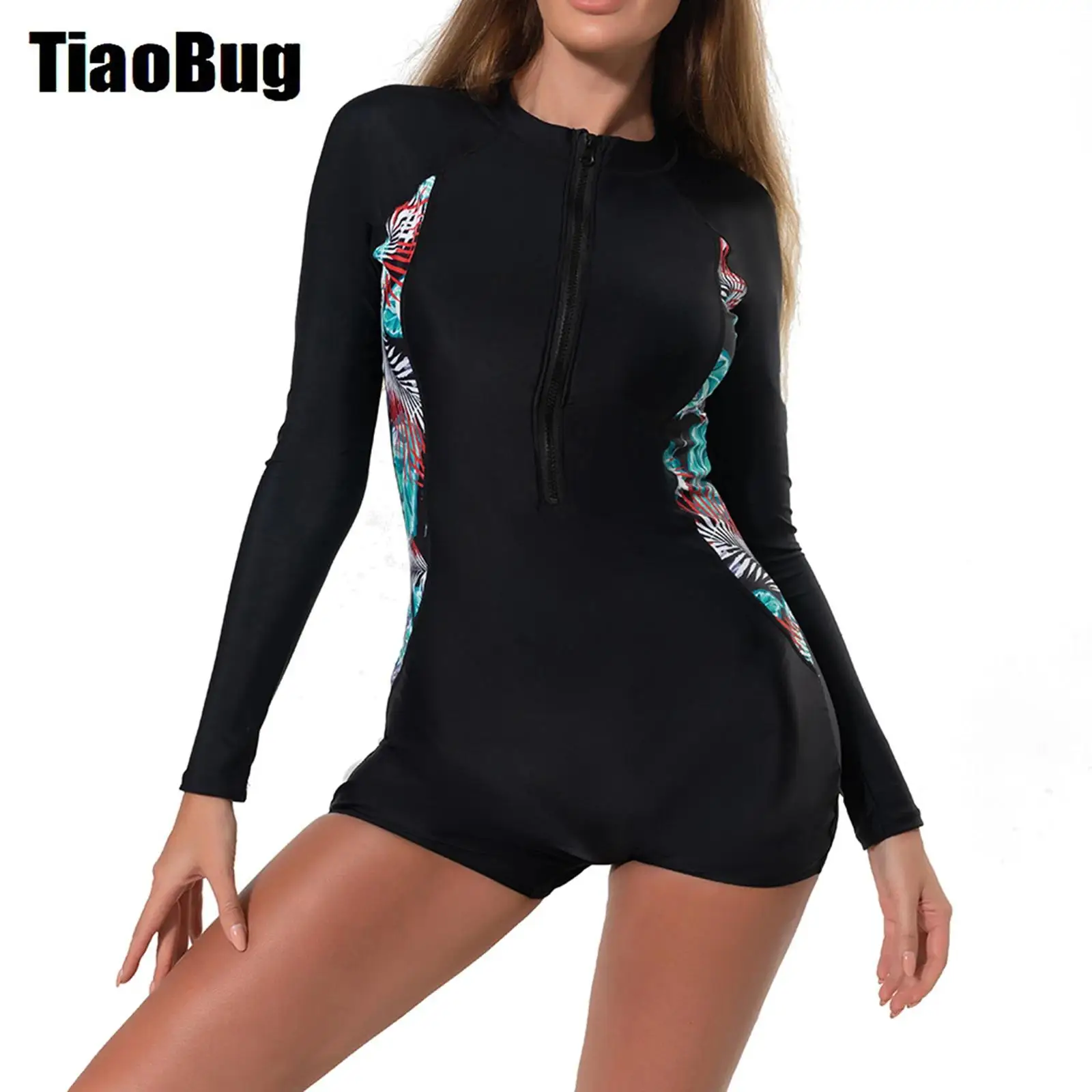 

Women Plants Print Swimsuit One-piece Long Sleeve Padded Front Zipper Boyleg Athletic Swimwear Pool Beach Surfing Bathing Suit