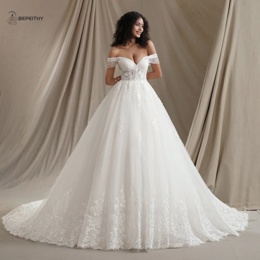 BEPEITHY Customized Lace Wedding Dresses For Women Bride Short Sleeves 2026  Glitter Vintage Bridal Plus Size Gown Vestidos Novia - AliExpress 320