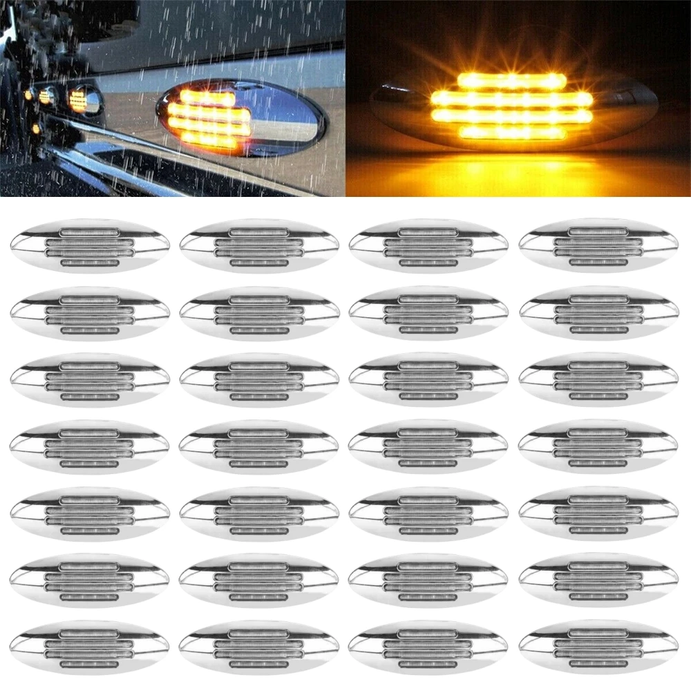 30PCS Truck Trailer Side Marker Light 24LED Oval Chrome Base 12V Reverse Singnal Lamp RV Motorhome Van LED Clearance Lights