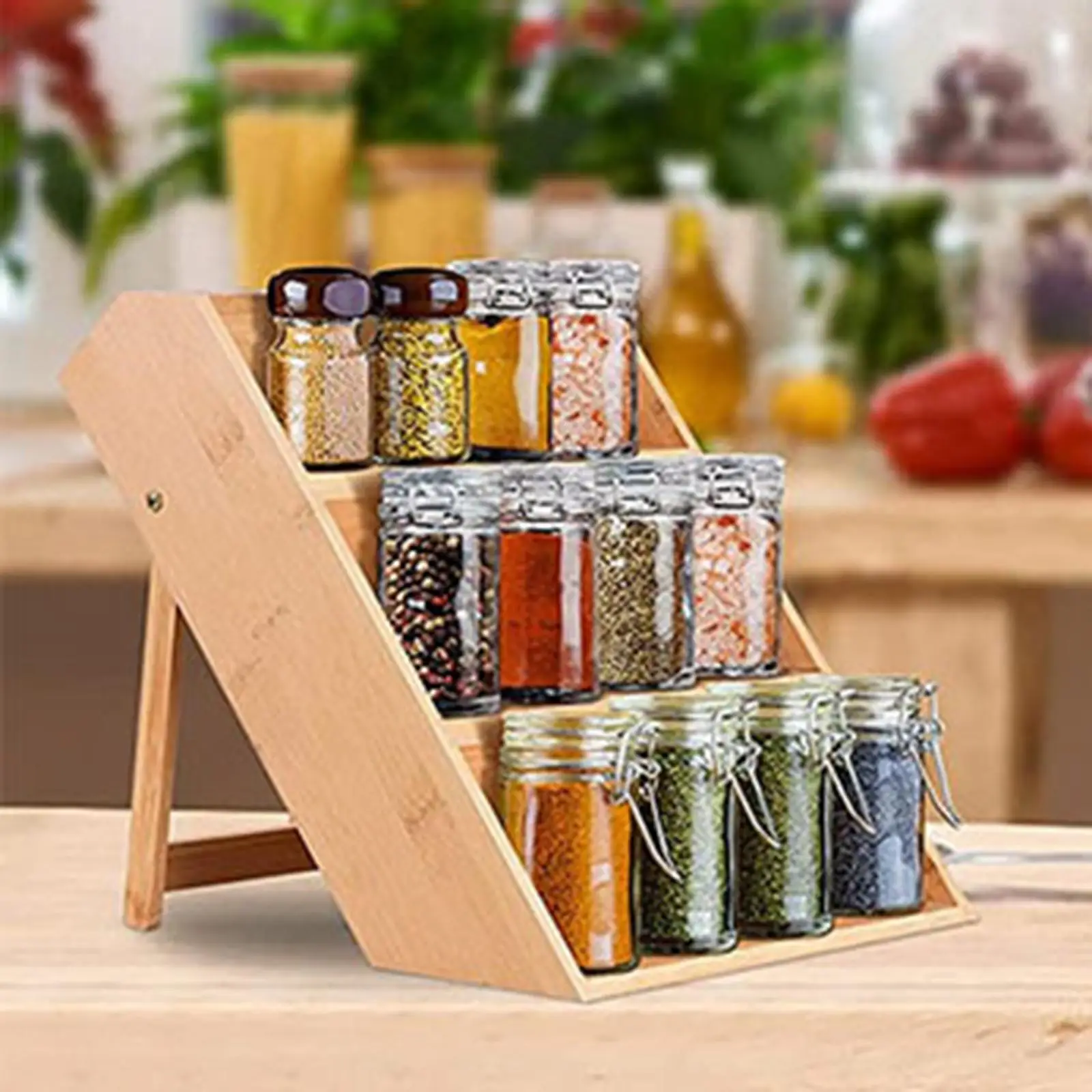 Household Wood Seasoning Rack Wooden Space Saving Counter Spice Rack Organizer for Beverage Countertop Cabinet