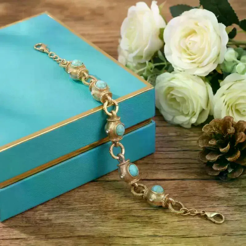 Middle Vintage Turquoise Stone Bracelet Retro Style Heavy Industry Wrist Decoration Color Geometric Glass Jewelry Gift