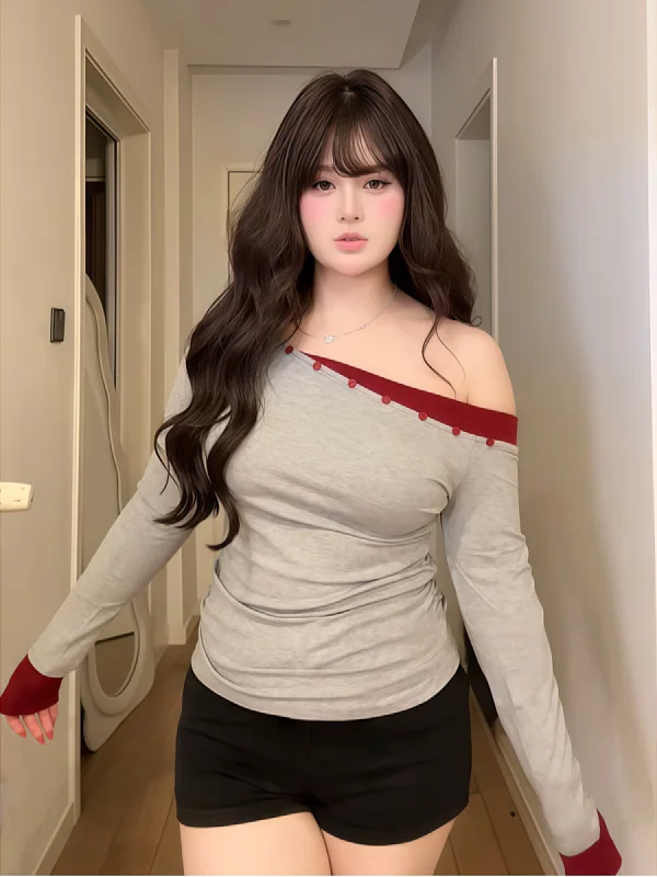 

plus Size Women's Vintage American Style Slimming Sexy Shoulder Baring Long Sleeve T-Shirt Early Autumn Elegant Top