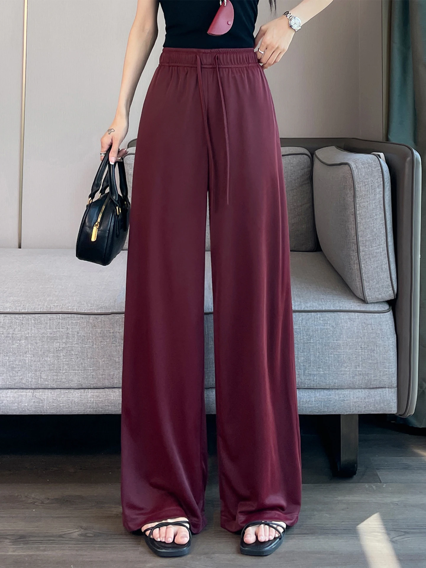 

Широкие брюки из шелка с эффектом сухого льда для женщин, повседневные прямые спортивные брюки, тонкие, свободные, драпирующиеся, летние длинные брюки