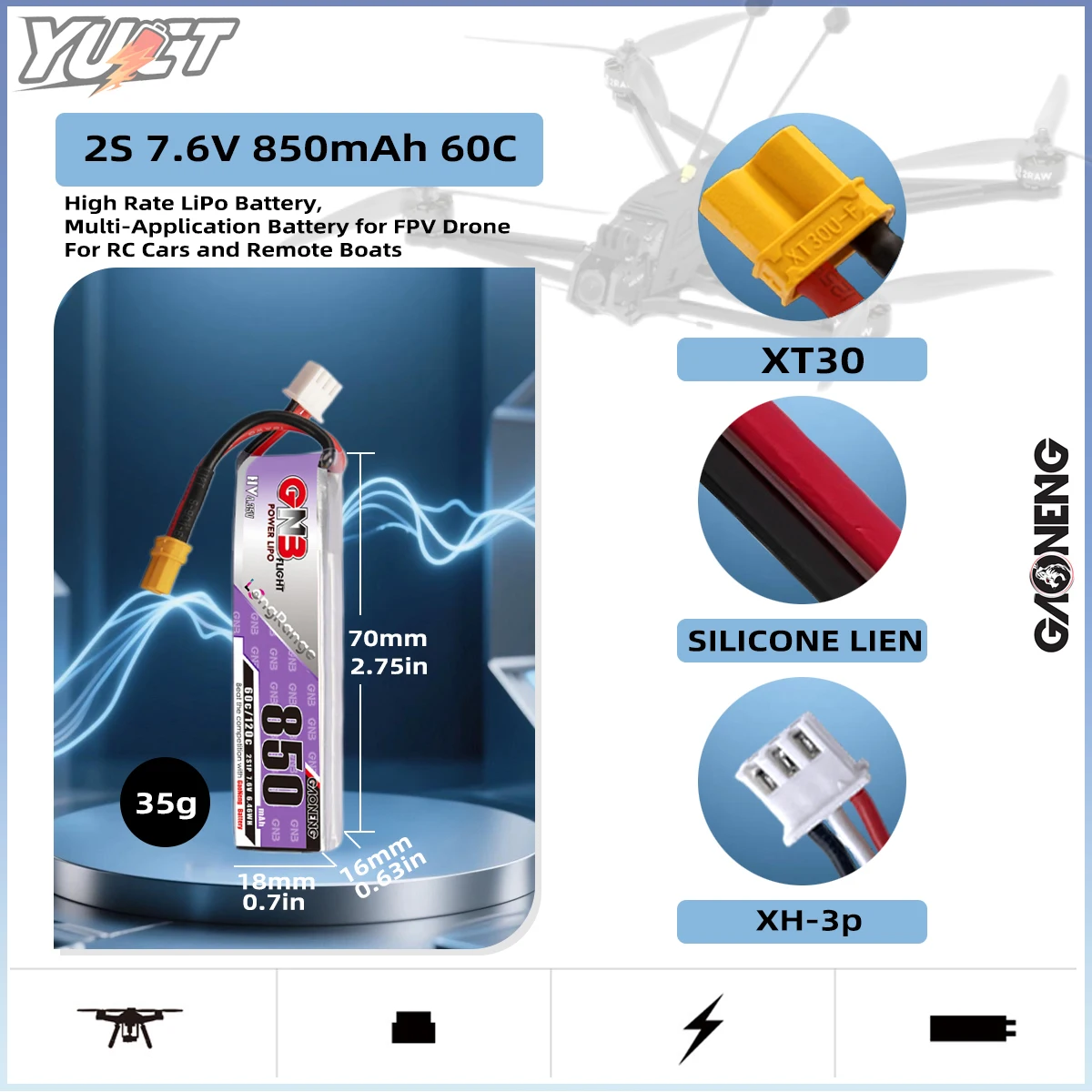 

YUCT GAONENG GNB 2S XT30 LiHV 7.6V 850mAh 60C/Max 120C LiPo Battery For Racing Drone Tiny Whoop FPV Drone Quadcopter Battery