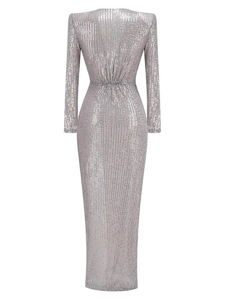 فستان سهرة جديد بتصميم عابر للحدود، تنورة طويلة مطوية، فتحة صدر عميقة بدون أكمام، مزين بالترتر اللامع، الأكثر مبيعًا على تيك توك #4