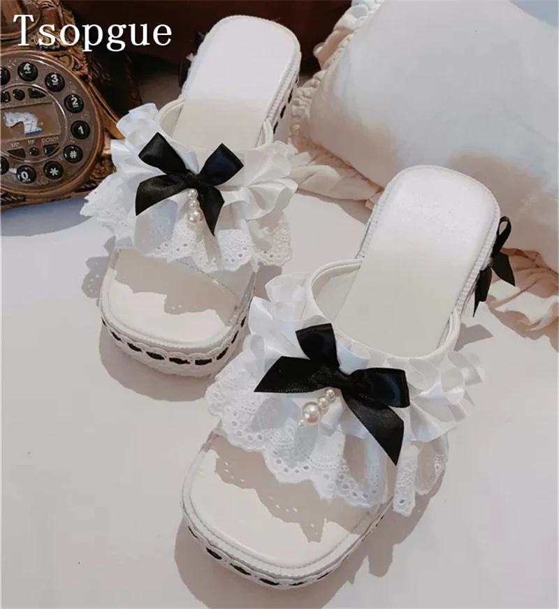 White Ruffled Lace Black Bow Lolita Mules Open Toe Platform Wedge Slide Sandals Princess Style Bridal Prom Summer Dress Shoes - view 5