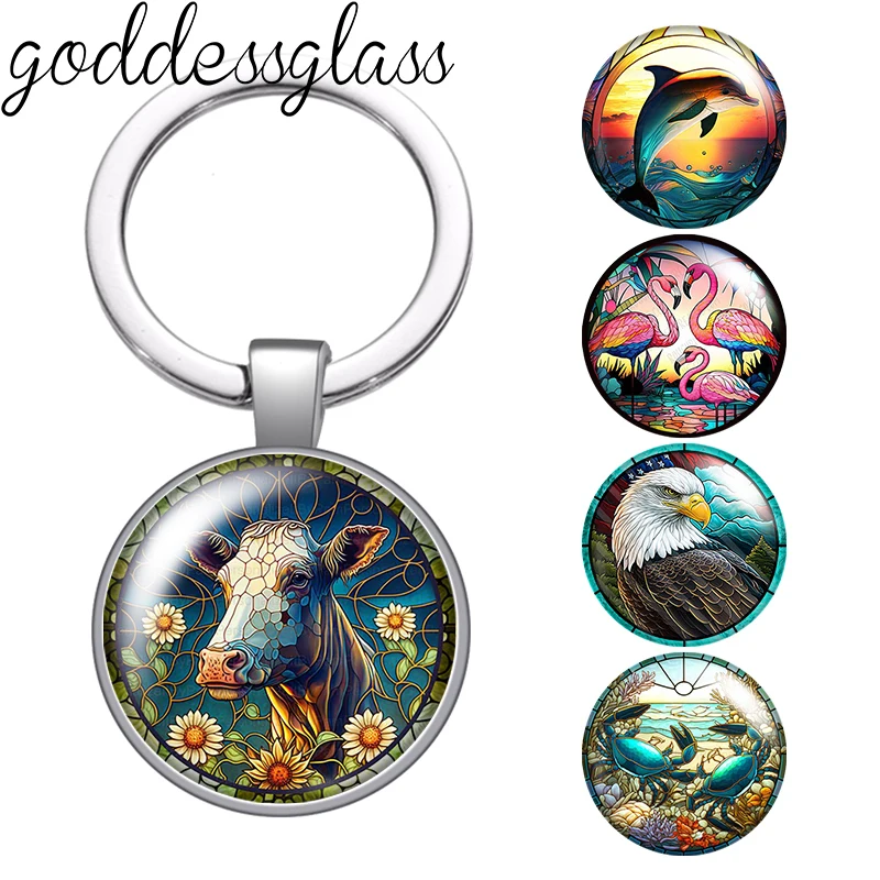 Animals Cow Flamingo dolphin horse Wolf Owl Bear photo glass cabochon keychain Bag Car key chain Ring Holder Charms keychains