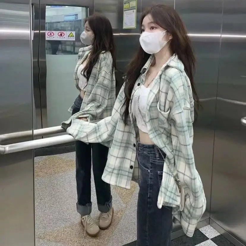 

Spring Autumn plaid shirt women's American niche street style top loose lazy Korean version fashionable casual shirt