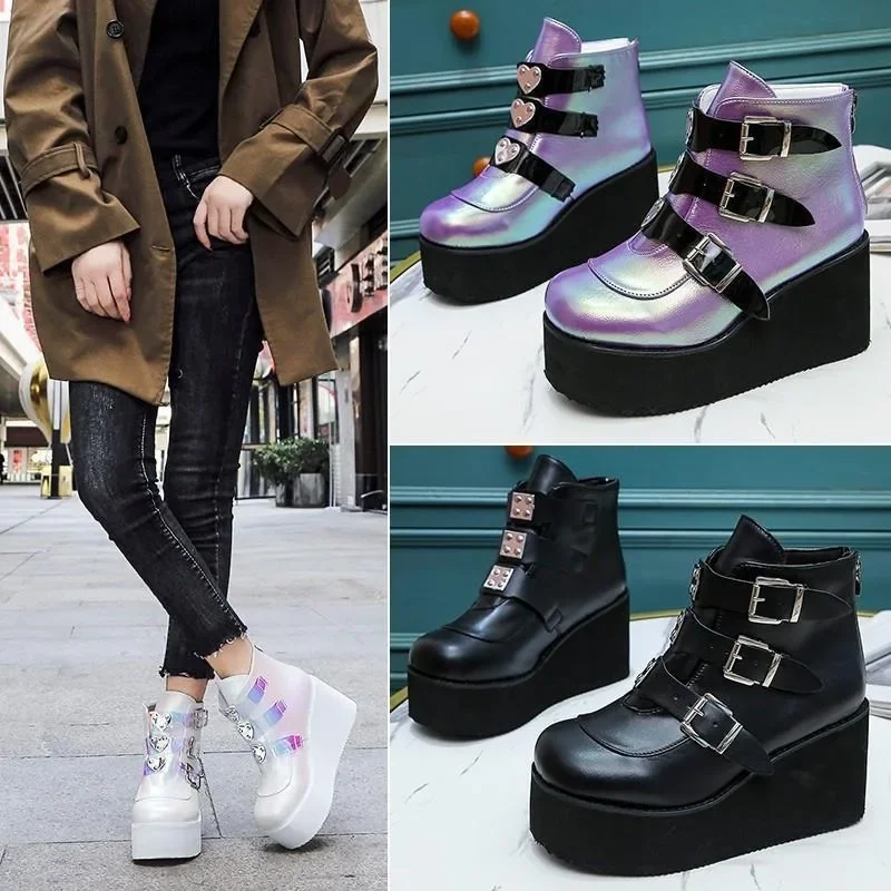 Brand Women Wedges Boots Punk Gothic High Boots for Women Platform Metal Buckle Cosplay Shoes Plus Size 43 Female Botas Mujer