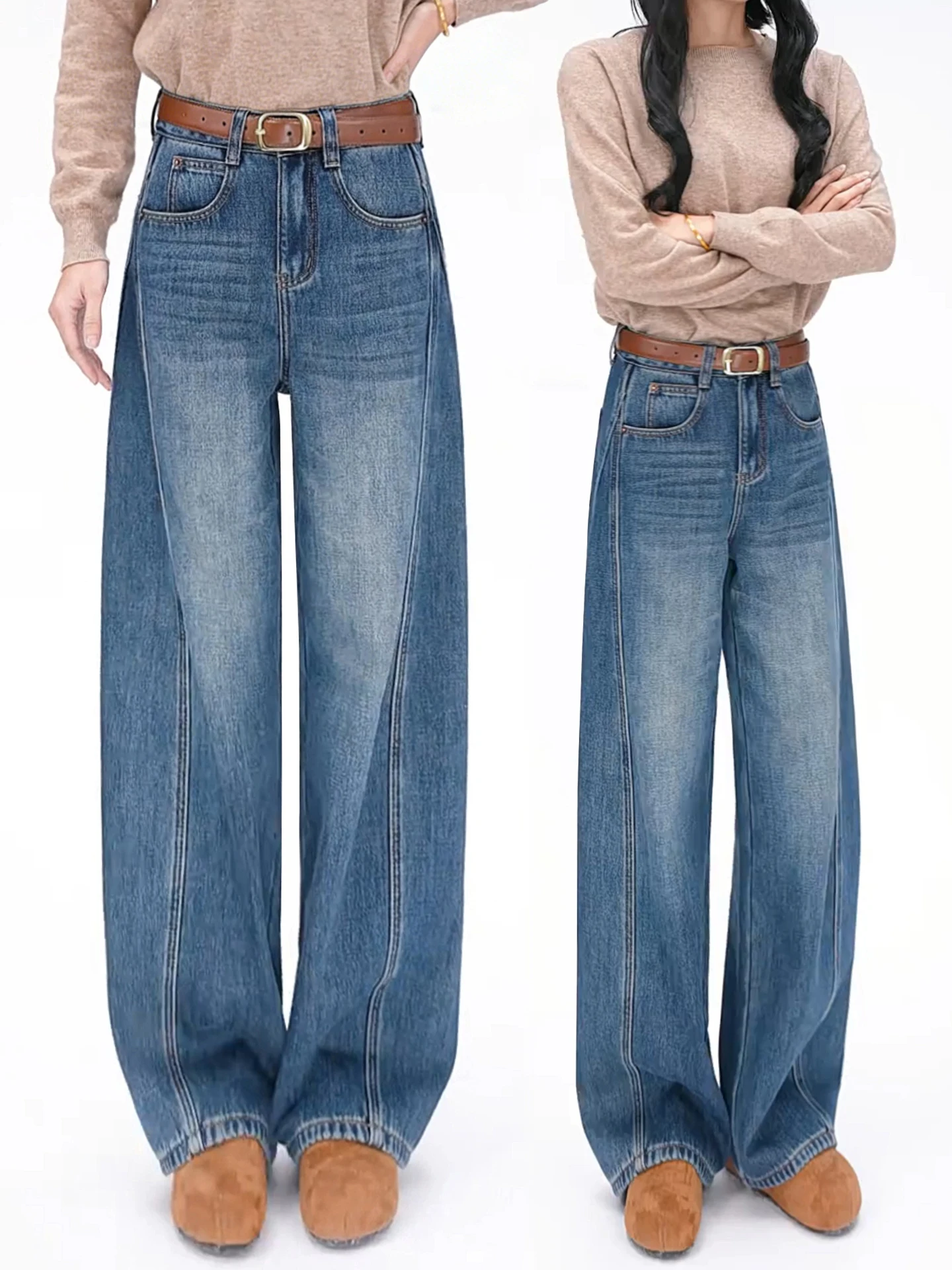 

Джинсы женские с высокой талией и широкими штанинами, весна-осень-зима, новый стиль, красиво сидящие, свободные, утягивающие, на флисе, модель «Нож»