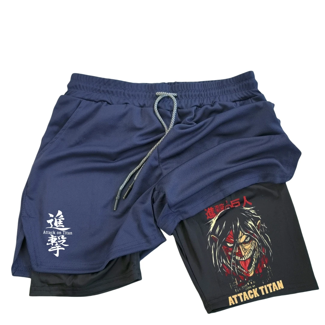 Shorts masculino de fitness, camada dupla, anime, cordão, forro de malha, cintura elástica, respirável, secagem rápida para praia, piscina, verão