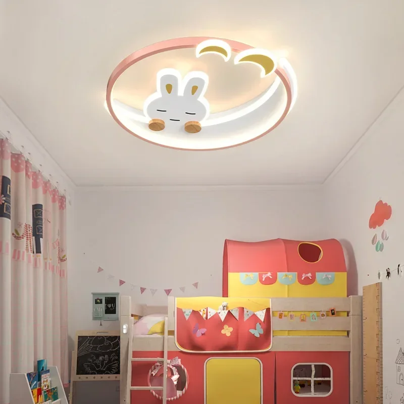 SANDYHA Children's Crescent Moon White Rabbit Ceiling Lamp Chandelier for Kids Room LED Lighting Luster Home Decor Study Attic