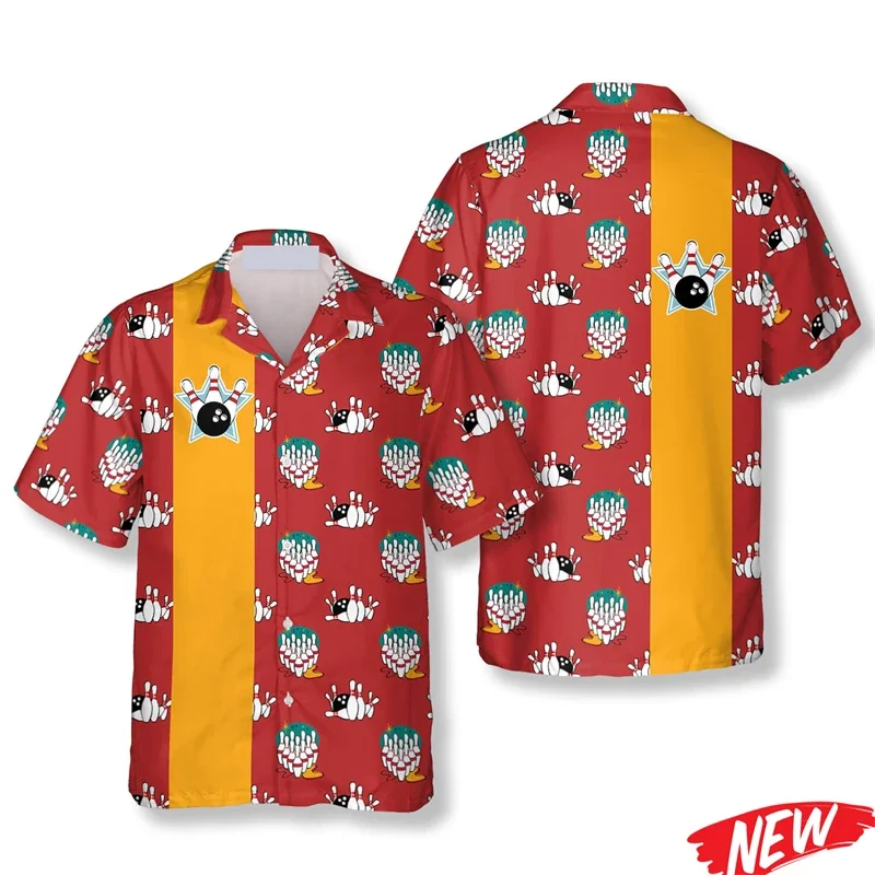 

Classic Bowling Pattern Hawaiian Shirt For Men Summer Street Retro Short Sleeve 3d Printing Loose Sports Beach Lapel Shirt