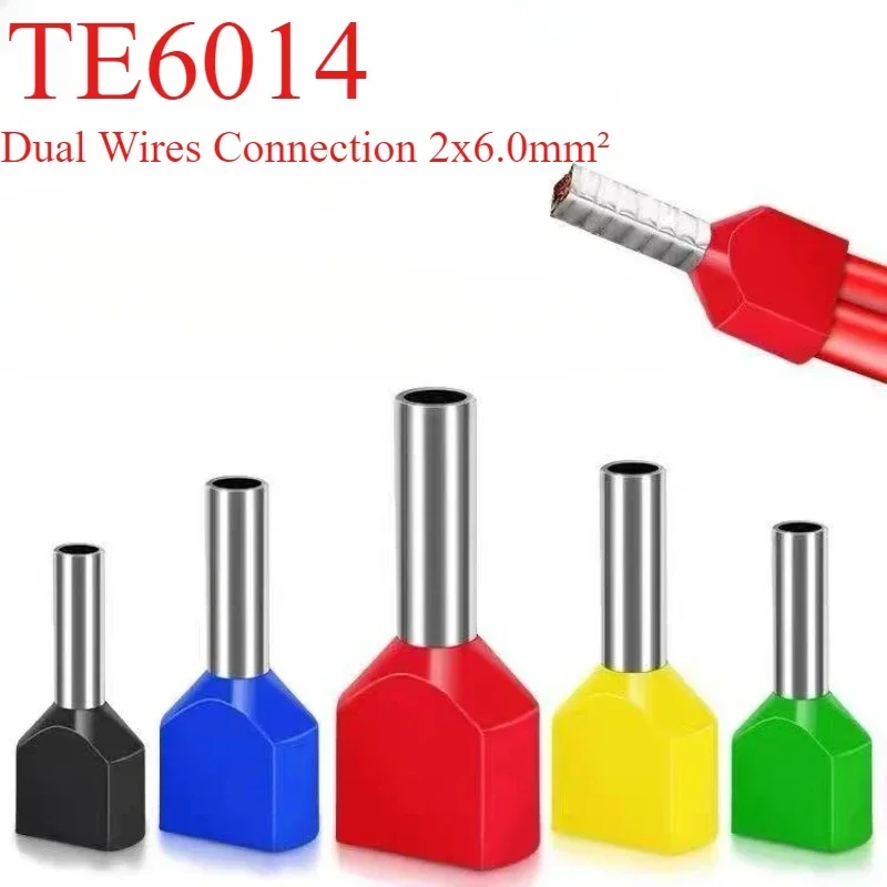 50PCS 2x6mm² Guage 2x10 Copper Insulated Ferrules Cable Lug Dual Cables Type Electrical Cord End Connector Terminal Crimp TE6014