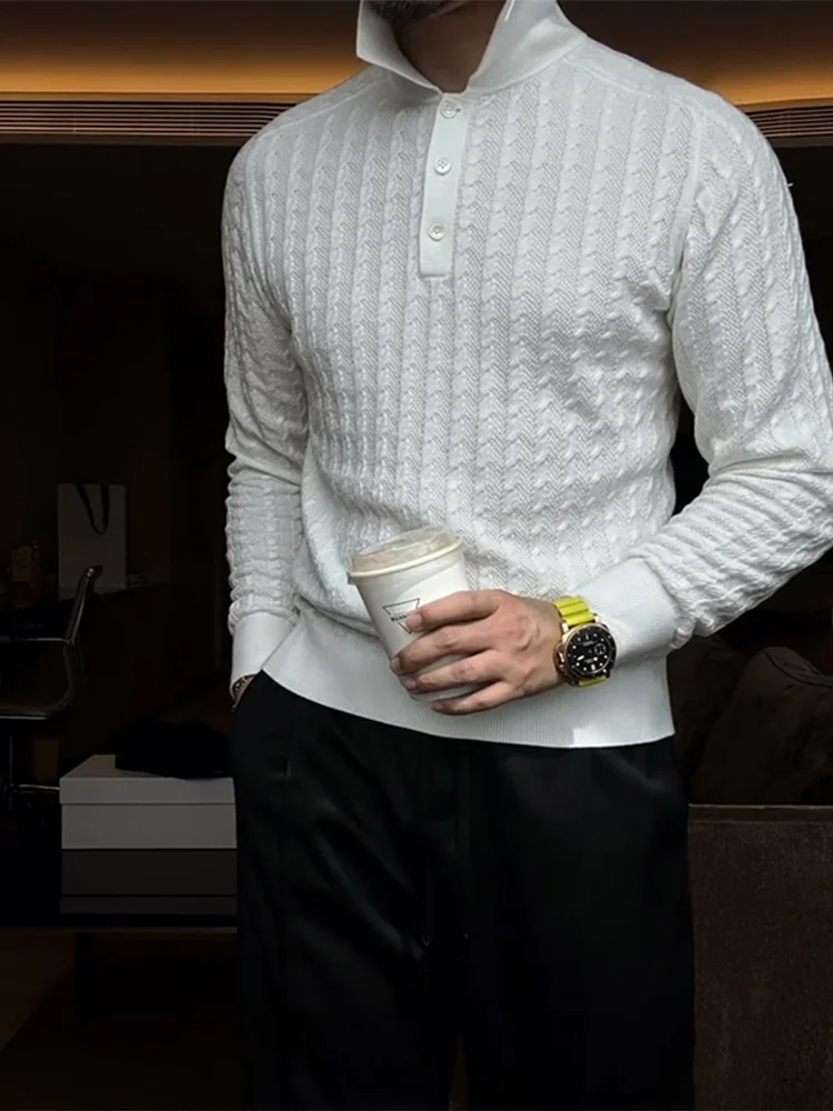 

Мужской вязаный свитер с воротником-стойкой, белый, в британском стиле, приталенный, осенне-зимний, модный