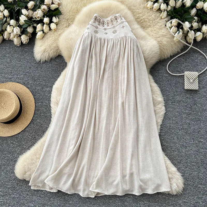 Diamonds Boho Flowy Skirt 2026 Spring Summer High Waist Slim Zipper Design Ladies Fashion Casual Holiday A-line Long Skirt
