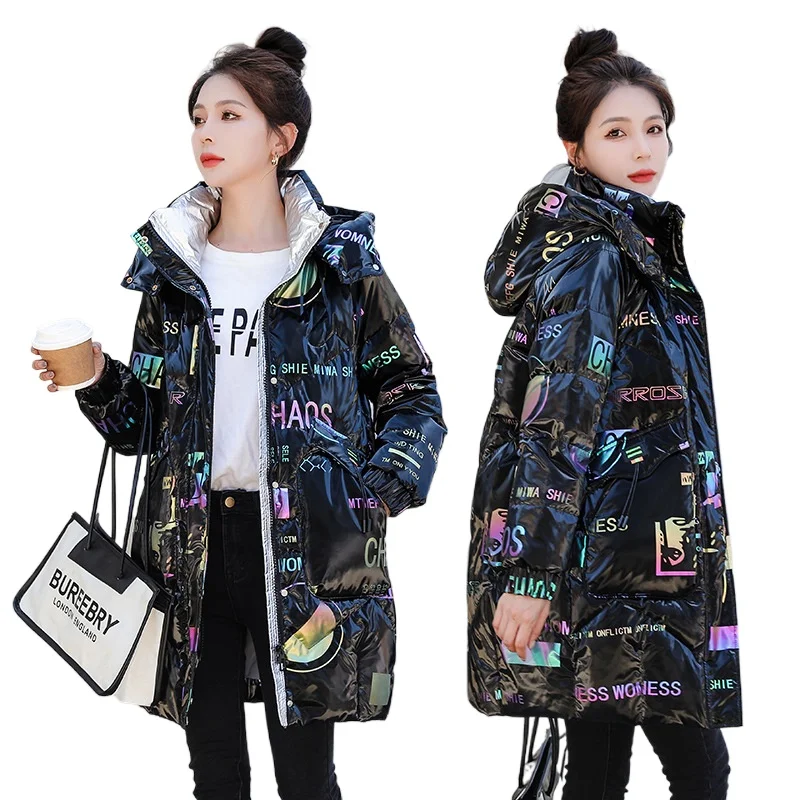 Winter new hooded mid length cotton jacket for women, casual and fashionable, no wash, colorful and shiny cotton jacket