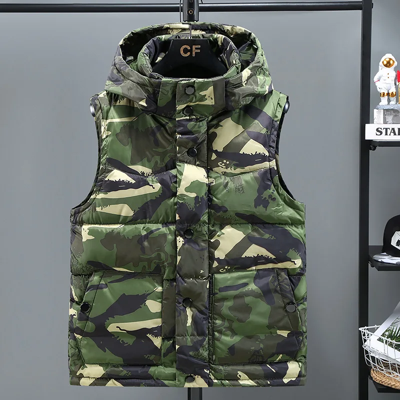 

2023 Men's New Autumn and Winter Camouflage Hooded Thickened Vest Outer Wear Fashion Casual