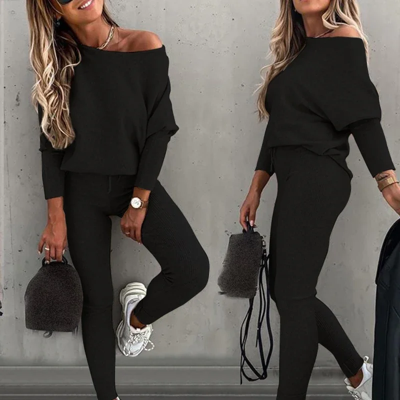 

Women Casual Tracksuit Off Shoulder Solid Pullover Top Long Pants Sports Suit Female Sweatshirt Sportswear Suit For Women