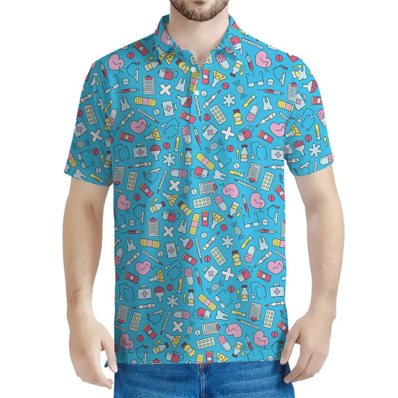 Colorful Medical Nurse Pattern Polo Shirt Men Cartoon 3D Printed Tees Fashion Lapel Short Sleeves Tops Summer Button T-Shirt