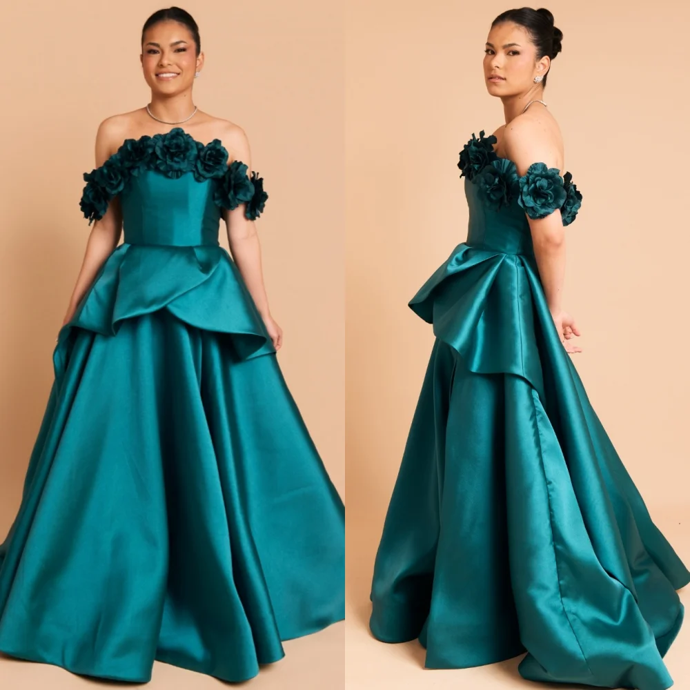 

Customized Chinese Style Charmeuse Flower Pleat A-line Off-the-shoulder Long Dresses Bespoke Occasion Sexy