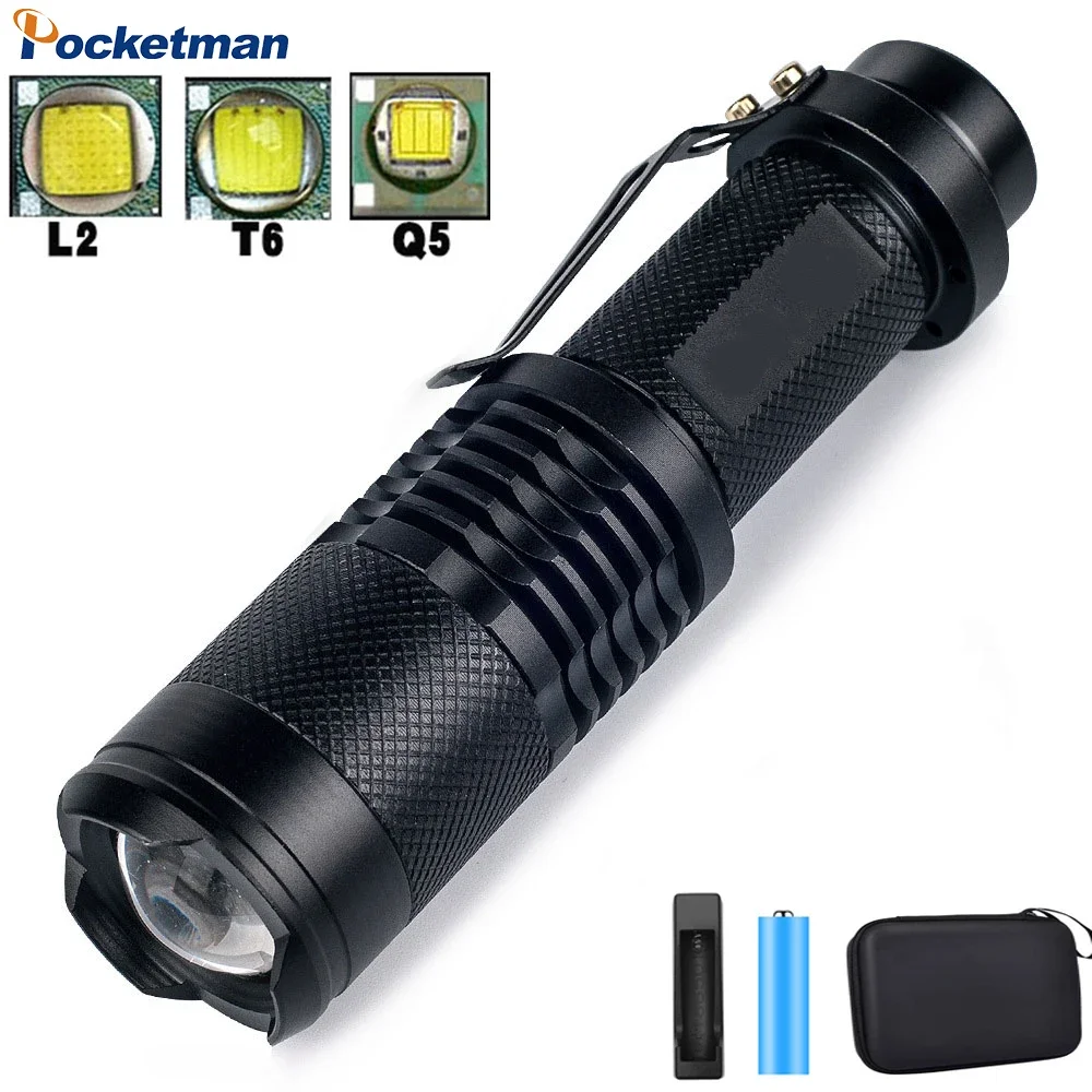 Minilinterna LED portátil de 8000LM, Q5/T-6/L2, con zoom, para pesca, Camping, bicicleta, 14500/18650