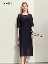 Amii Minimalism 2024 Simple Solid Dress Thin Loose With Belt Office Lady Summer New Long Chiffon Dresses for Women 12422122