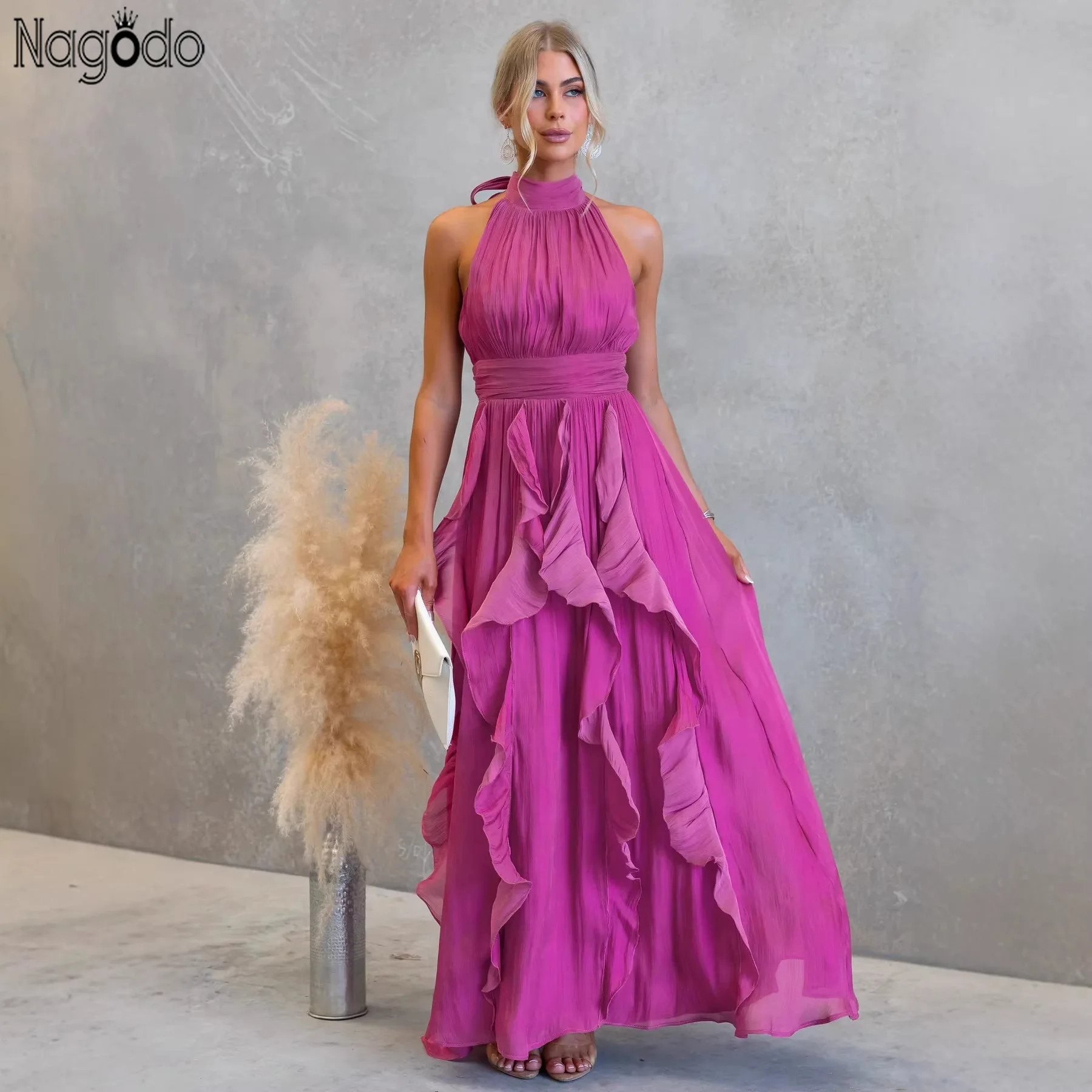 

Nagodo Halter Ruffle Long Dress Backless Sleeveless Pleated High Waist Sexy Party Maxi Dresses Elegant Vacation Prom Vestidos