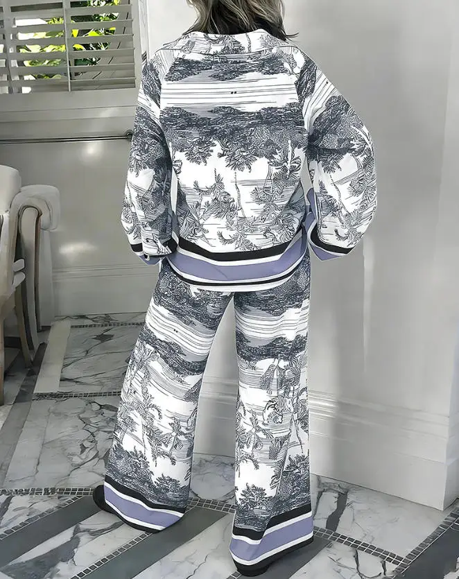 

2026 New Women's 2-Piece Tropical Tiger Printed Long Sleeve V-Neck Top and High Waist Wide Leg Pocket Pants Set