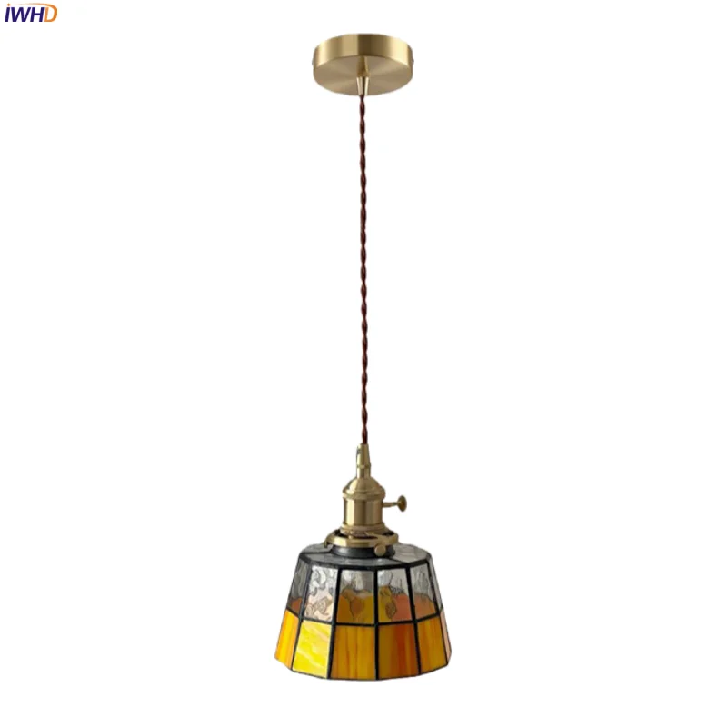 

IWHD Colored Glass LED Hanging Lamp Bedside Restaurant Dining Room Table Light House Tiffany Vintage Pendant Lighting Hanglamp