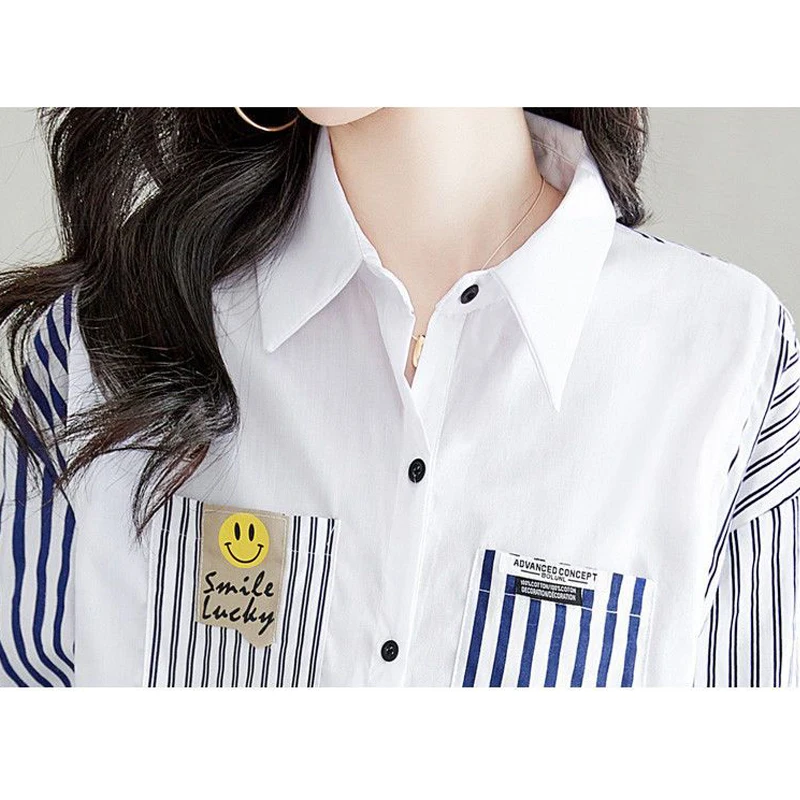 Women Striped Patchwork Pockets Streetwear Button Shirts Korean Fashion Long Sleeve Loose Blouses Chic Cotton Tunic Tops Blusas