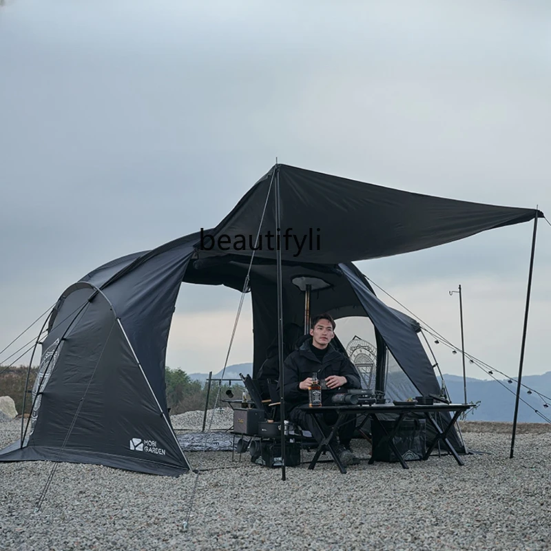 Tent Black Camping Outdoor Windproof Rain-Proof Four-Season Tent Portable Folding Large Space Camp Viewing Road