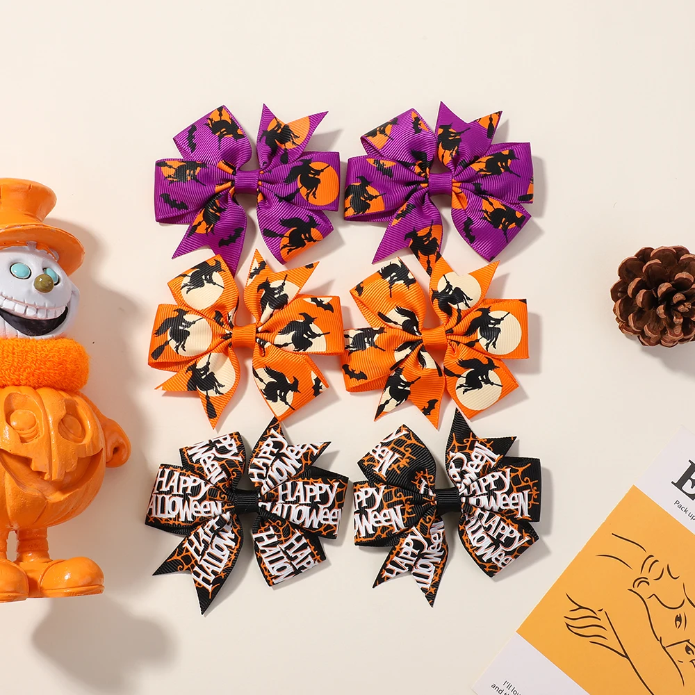 

6Pcs/Set Halloween Kids Bows Hair Clips Exclusive Pumpkin Cat Witch Print Bowknot Hairpins Thriller Element Hair Accessories