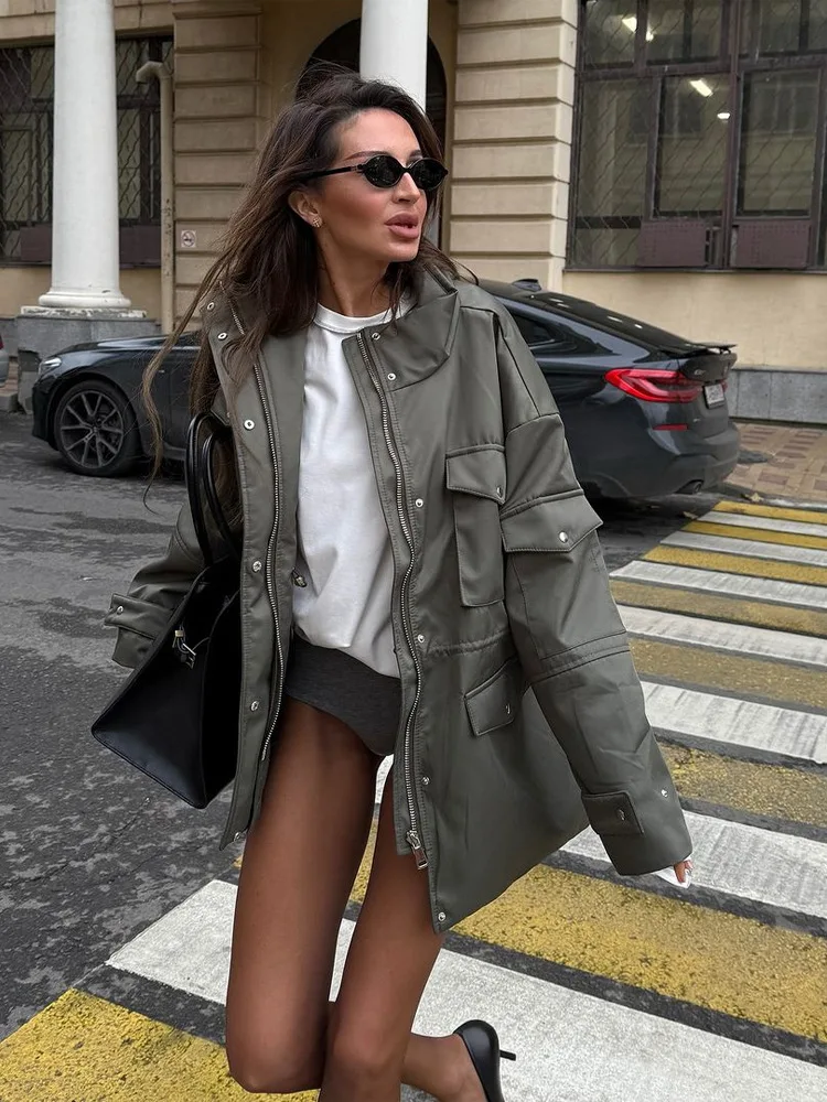 Siren Chic High Neck Zipper Multi Pockets Jacket Solid Color Waist Cinched Long Sleeve Casual Coat Fashion Street Women's Jacket