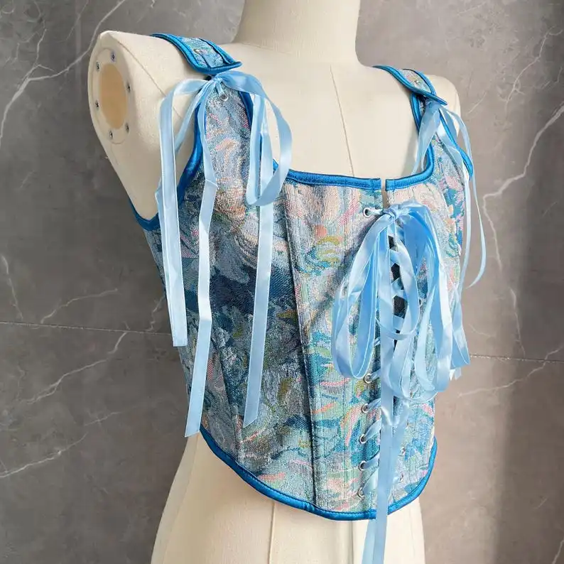 Retro oil painting blue flowers fashionable all-match waist corset French court jacquard elegant exquisite corset