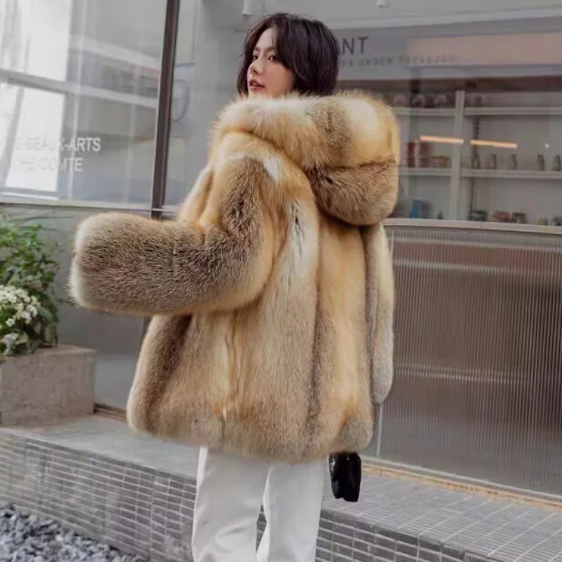 European and American fashion high-end imported Golden Island fox fur coat womens mid length hooded full leather winter clothing
