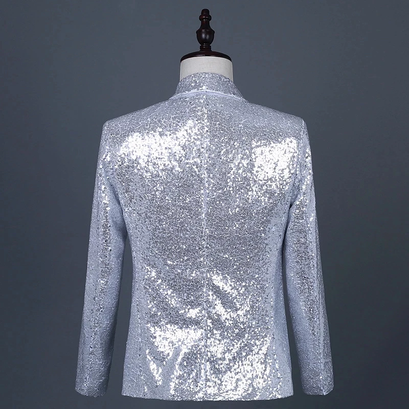 Shiny Plaid Sequins Party Dance Stage Costume Singer Silver Sequin Blazer Men Brand Shawl Collar Single Button Men Suit Jacket