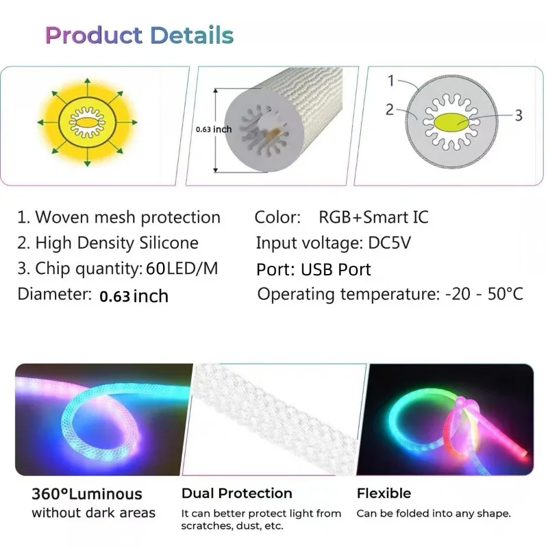 360° Round Reticulate Pattern Neon LED Strip Smart RGBIC Flexible Silicon Rope Light Tape Bedroom Indoor Outdoor Decoration