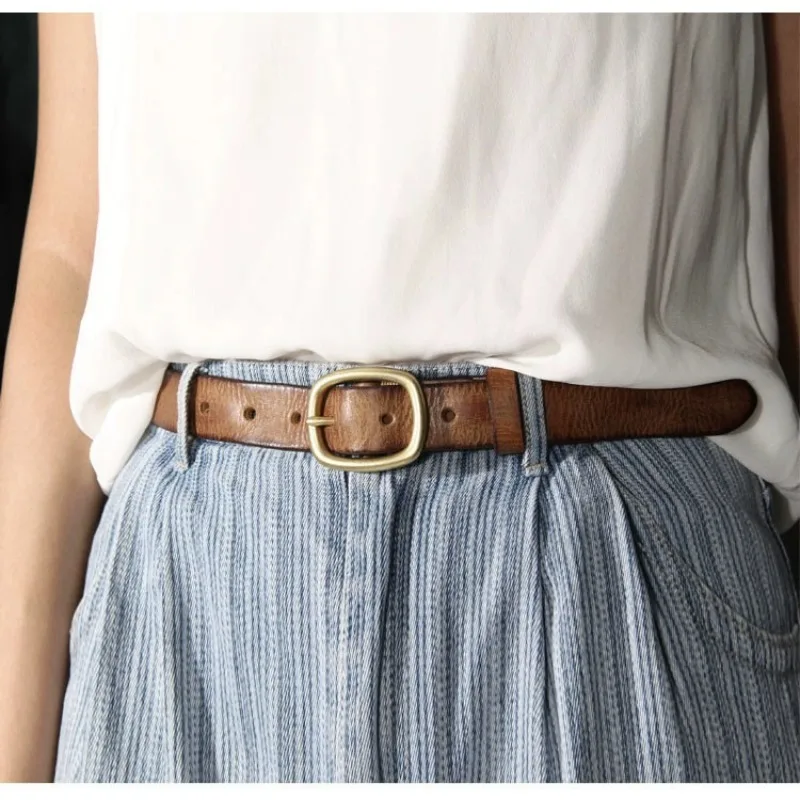 2.7cm Women's Copper Buckle Genuine Leather Casual Fashion Pure Cowhide Belt, Youth Ins Jeans Retro Decoration Thin Waistband
