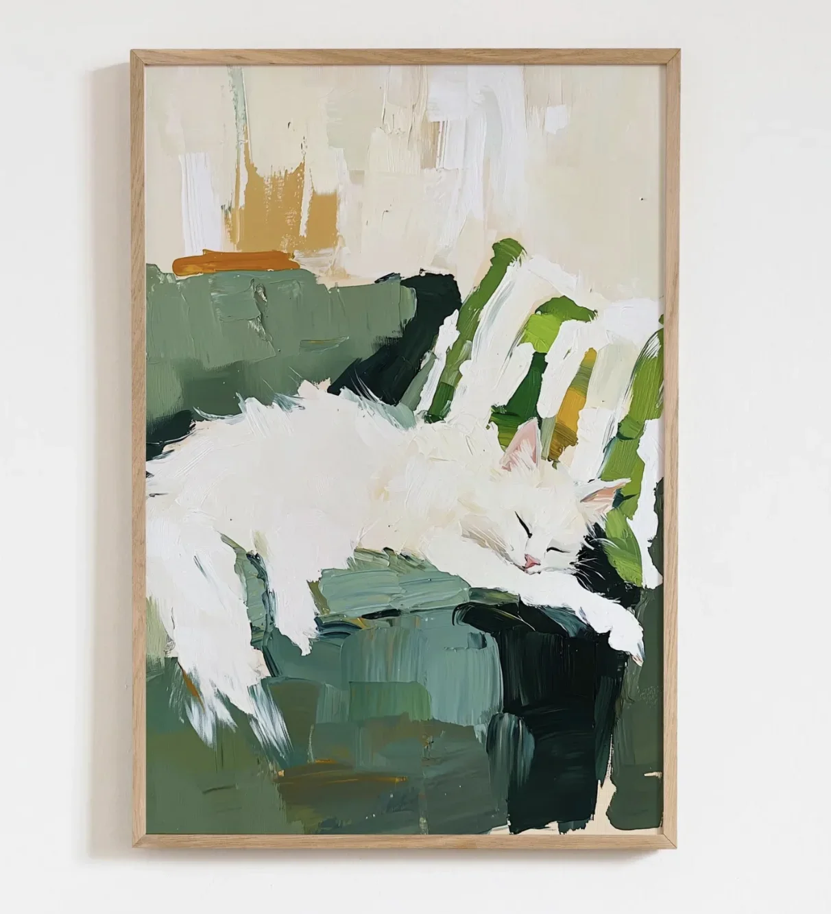 (No frame)Abstract Sleeping White Cat Canvas Wall Art Poster, Minimal Green Couch Pet Prints Decor for Bedroom Living Room Fa