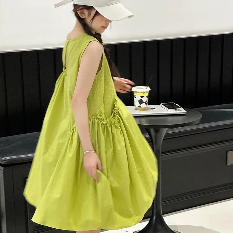 2024 Korean Summer School Girl Sleeveless Dress Children Girl Pleated Pocket Flower Bud Dress Junior Girl Casual Loose Dress