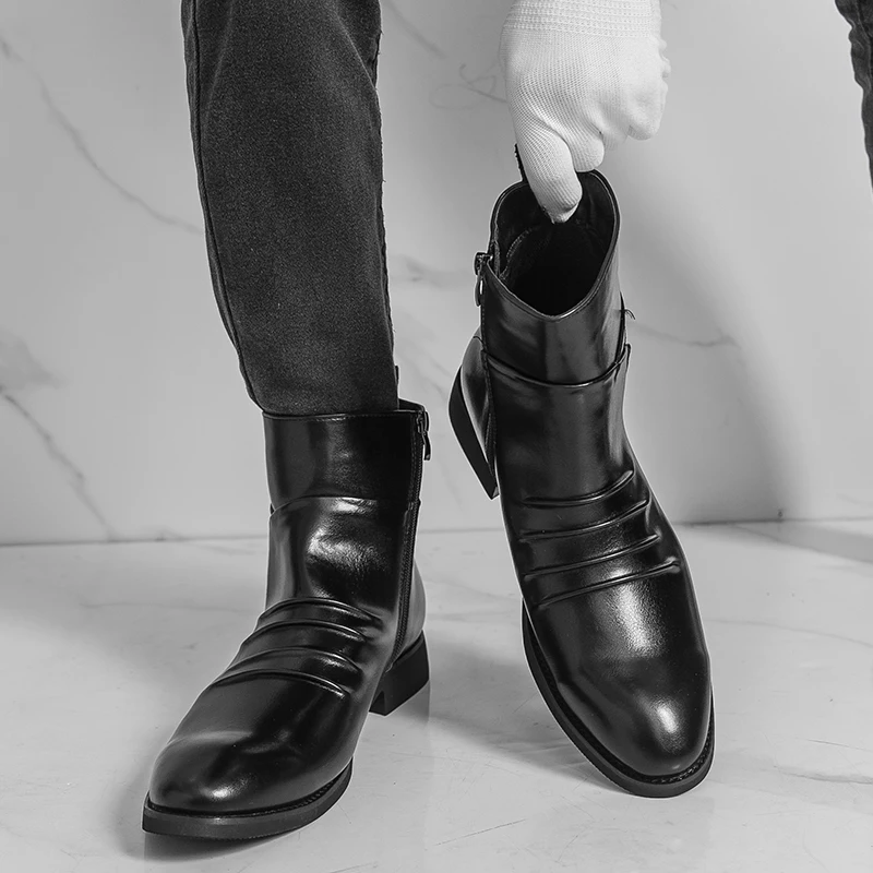 

Men High Top PU Pointed Pleated Decorative Fashionable Classic Business Comfortable Boots Sizes 38-46