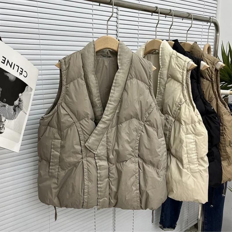 

Autumn Winter V Neck Drawstring Down Vest Jakcet Women Warm Light Thin White Duck Down Waistcoat Female Loose Sleeveless Tank