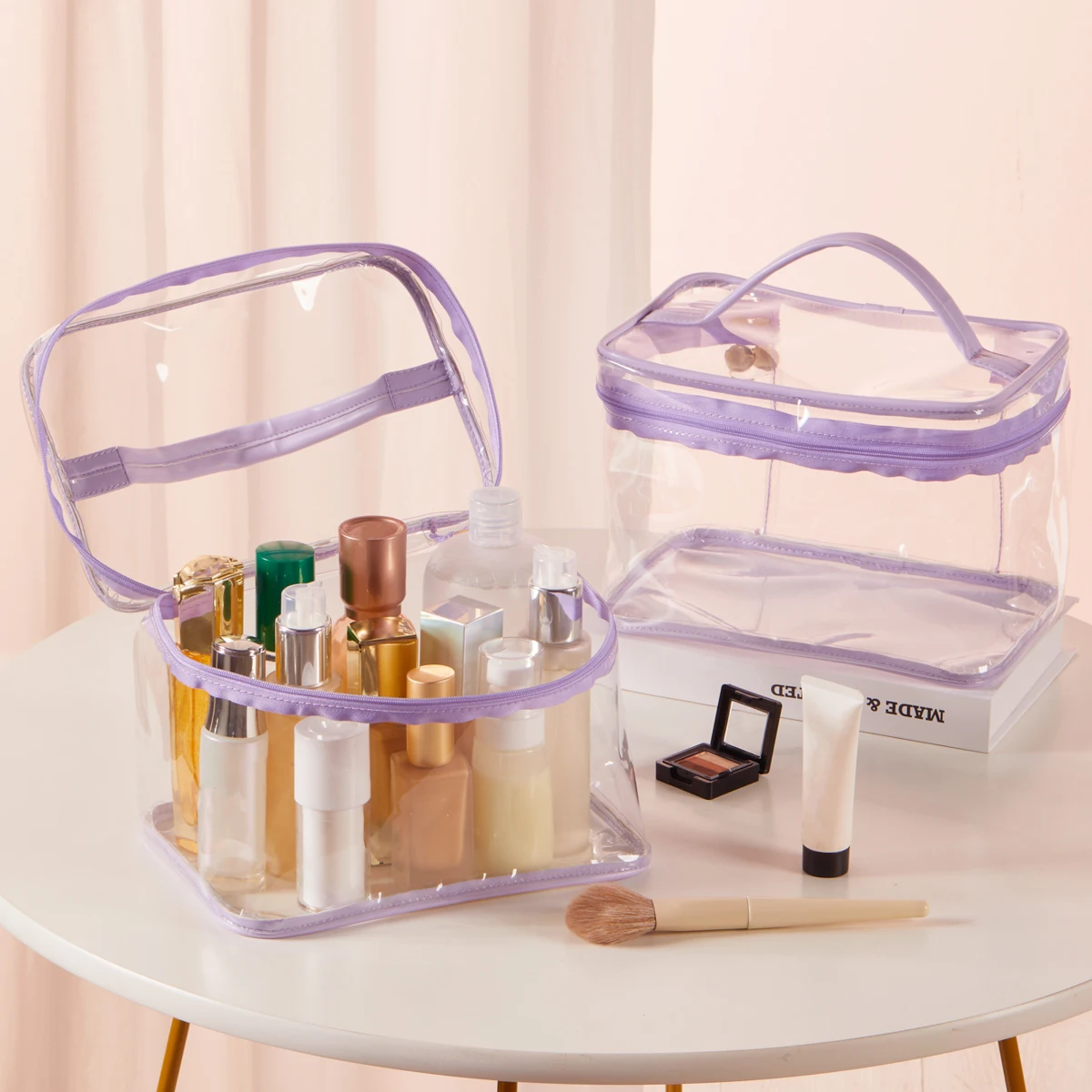 1PCS Large Transparent PVCPurple Waterproof  Portable Tote makeup bag Makrup bag  Travel makeup Bag  Hand-held cosmetic case Lun