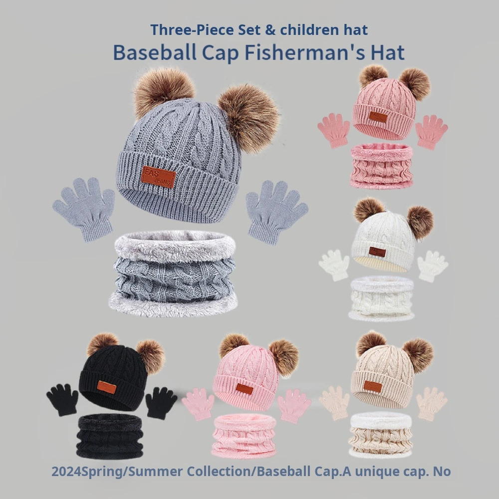 

3pcs Winter Baby Hat Scarf Gloves Set Solid Color Toddler Bonnet Cute Pompom Knitted Hats Outdoor Warm Infant Accessories 1-5y