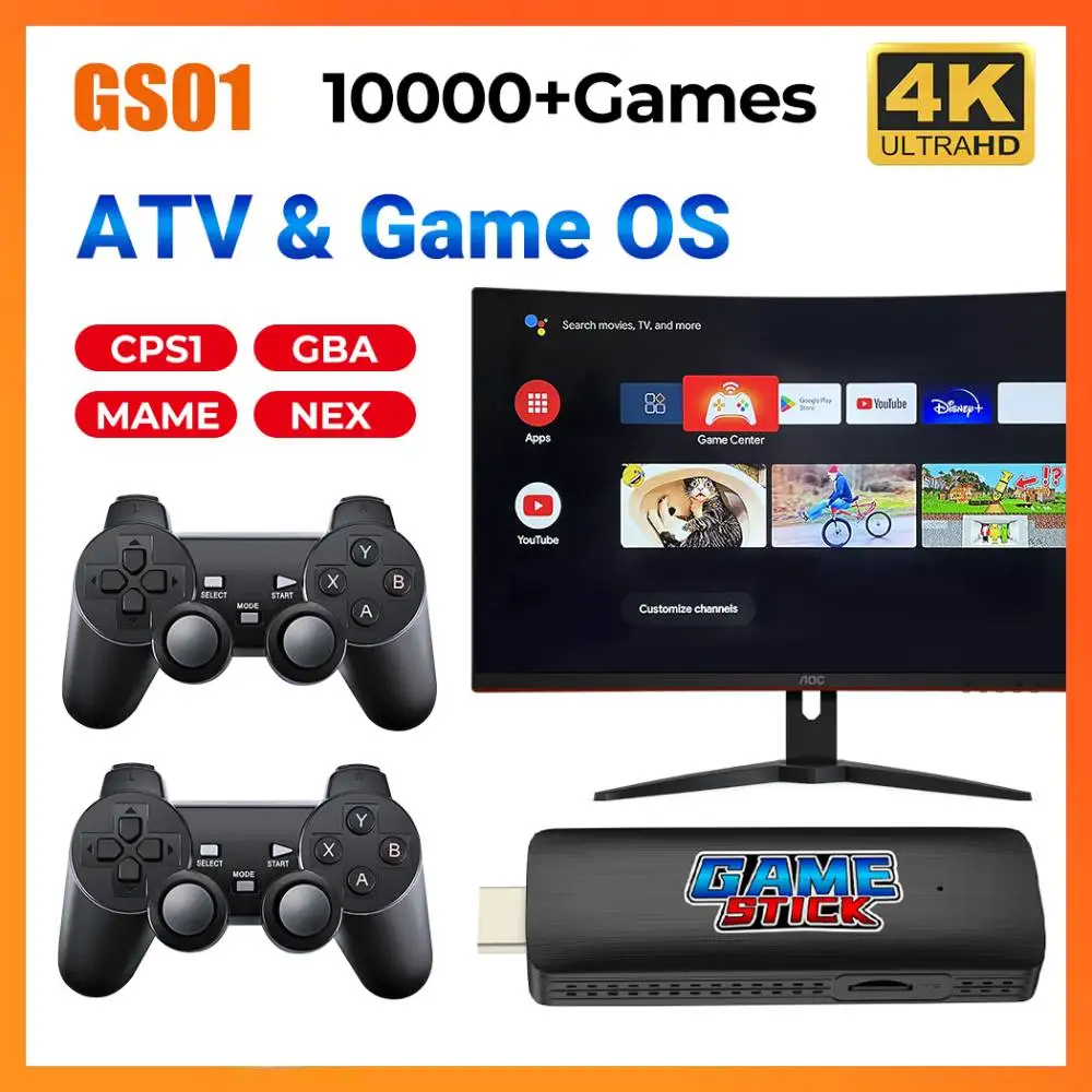 

VONTAR GS01 TV Stick Retro Game Console For PS1/PSP/N64/GBA with Androidtv Ga me Dual OS Support 4K HDR 10000+ Games Player ATV