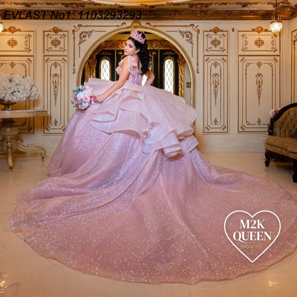 

EVLAST Customized Sparkly Pink Ball Gown Quinceanera Dress Shiny Applique Beading Tiered Sweet 16 Vestidos De 15 Anos E1QN119