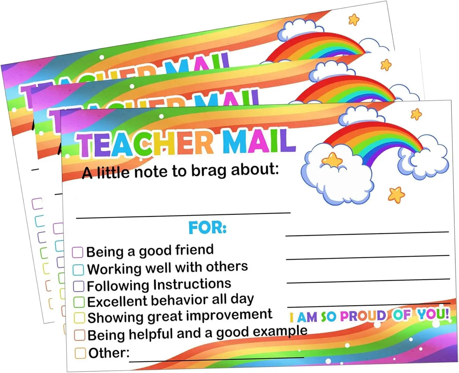 Rainbow Happy Mail Teacher Notes to Parents - Classroom Good Behavior Incentive Motivational Cards 50 Pcs